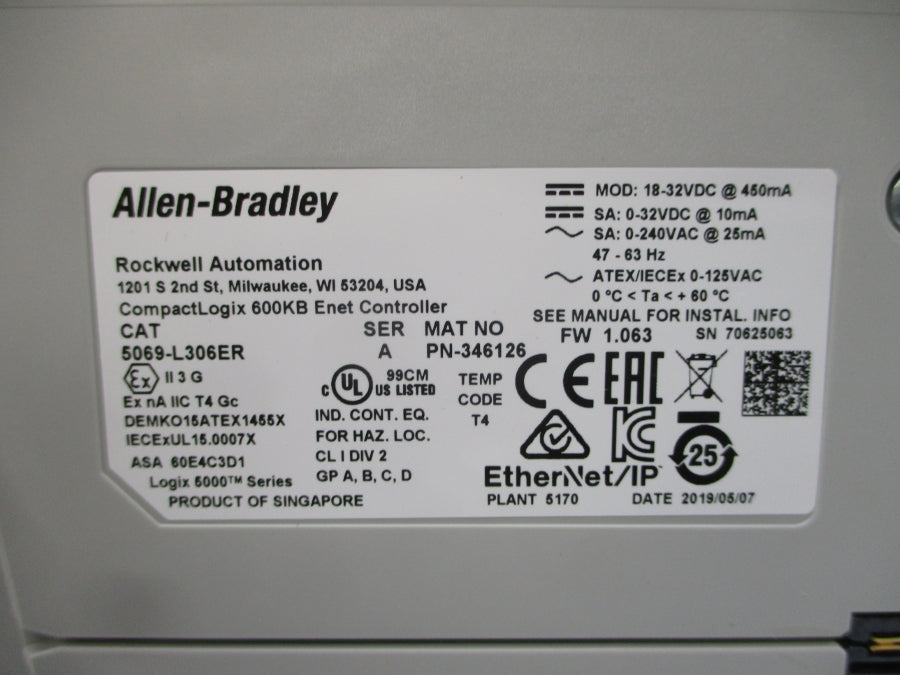 ALLEN BRADLEY 5069-L306ER SER. A F/W 1.063 18-32VDC NSMP