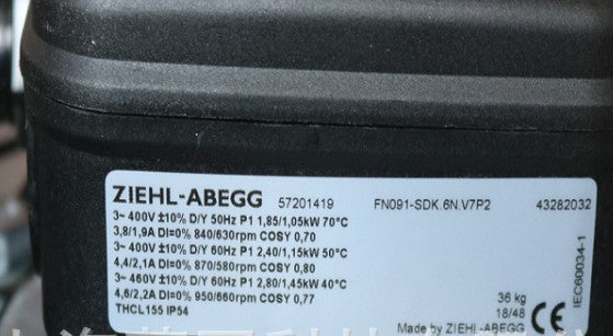 FN091-SDK.6N.V7 ZIEHL-ABEGG Axial Fan 1.05/2.8 kW 4.6/1.9A 950/630 rpm