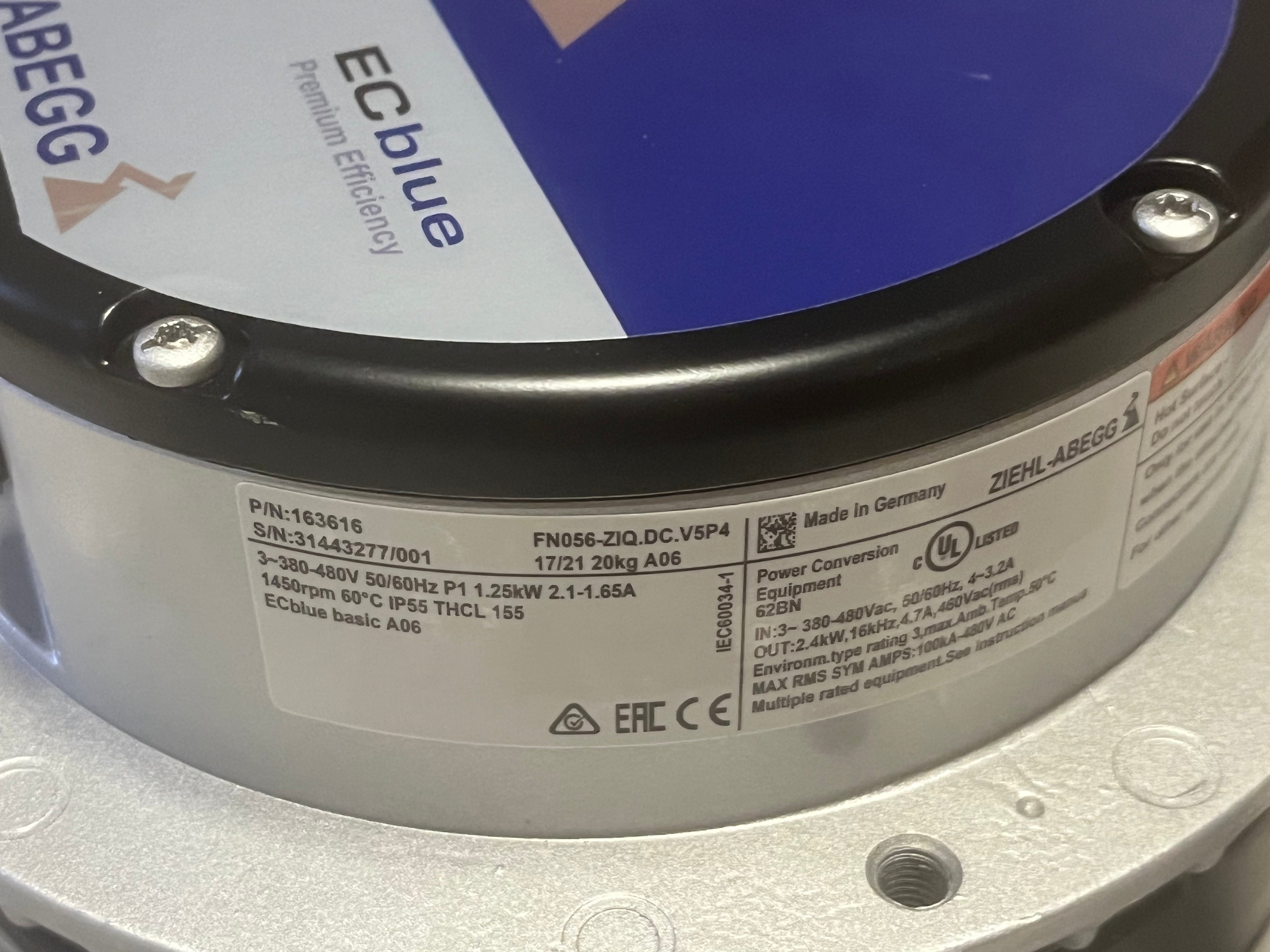 FN056-ZIQ.DC.V5P4 380-480V ZIEHL-ABEGG Axial Fan 3~380/480V 1.25kW 2.1/1.65A 1450rpm