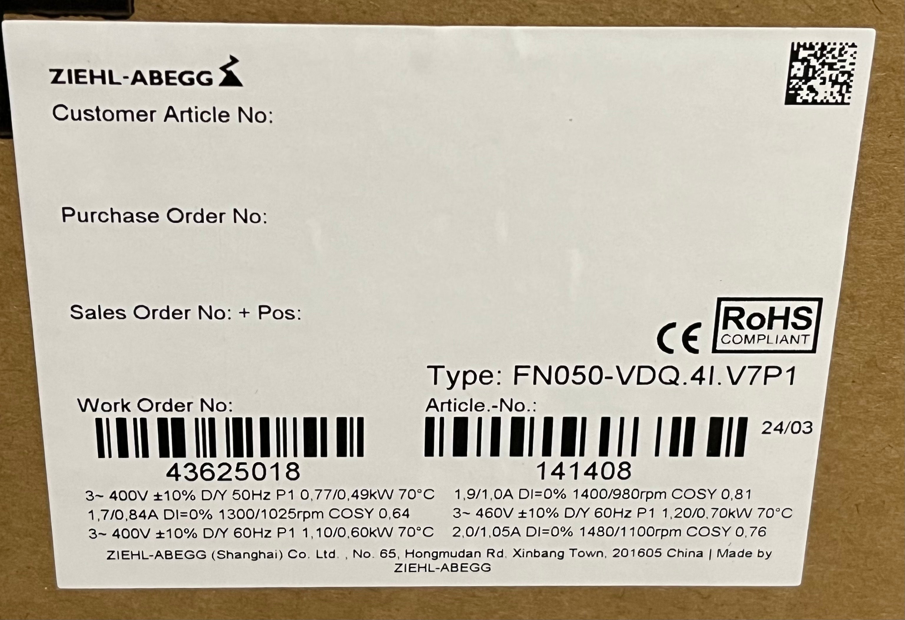 FN050-VDQ.41.V7P1 ZIEHL-ABEGG Axial Fan 3~400V 0.77/0.49 kW 1.7/0.84 A