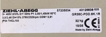 GR35C-PDD.6K.1R ZIEHL-ABEGG centrifugal fan 2.0/1.4KW 3~400V 3.5/2.4A