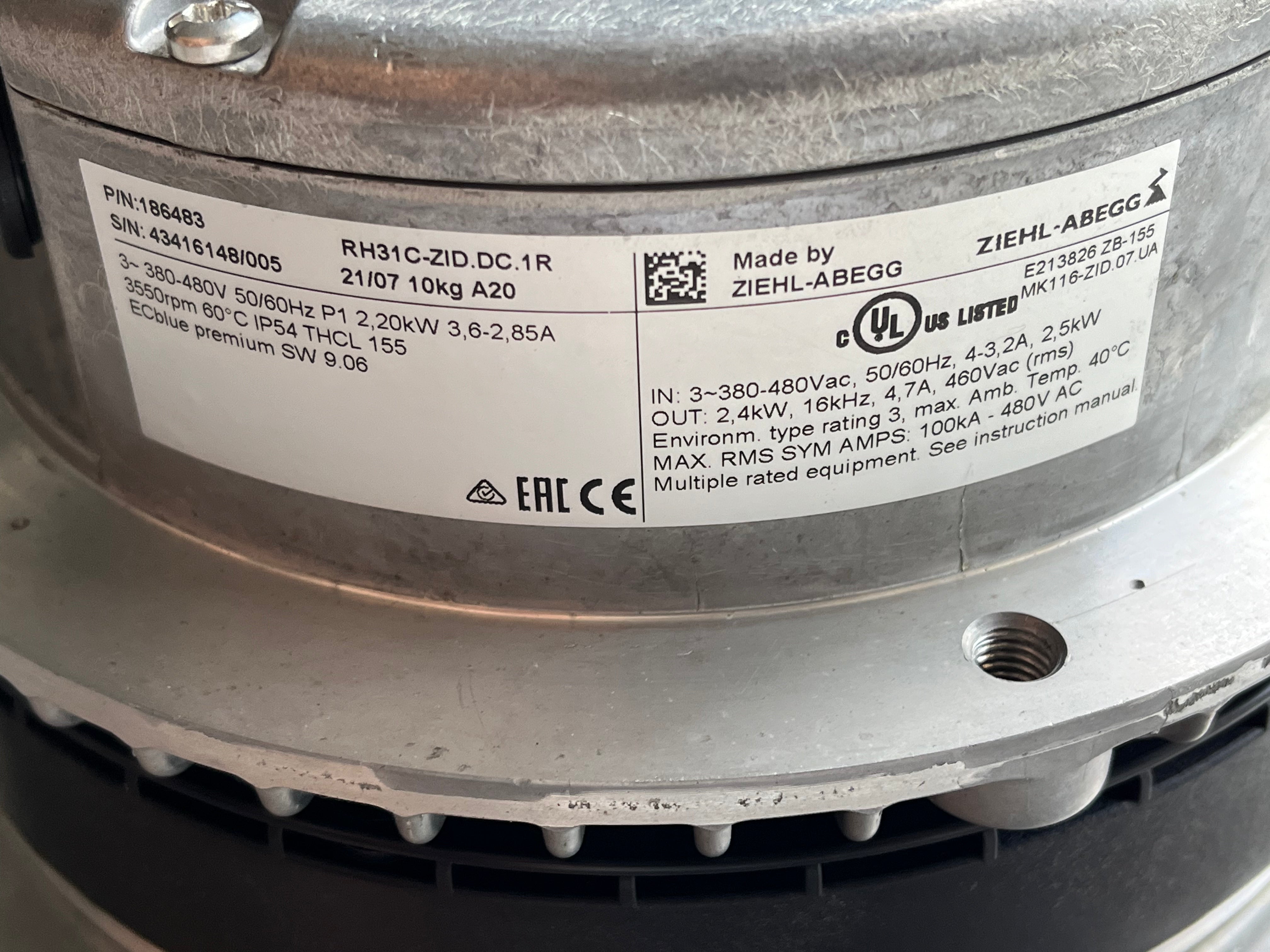 RH31C-ZID.DC.1R  ZIEHL-ABEGG centrifugal fan 380V-480V 2200W 3.6/2.85A