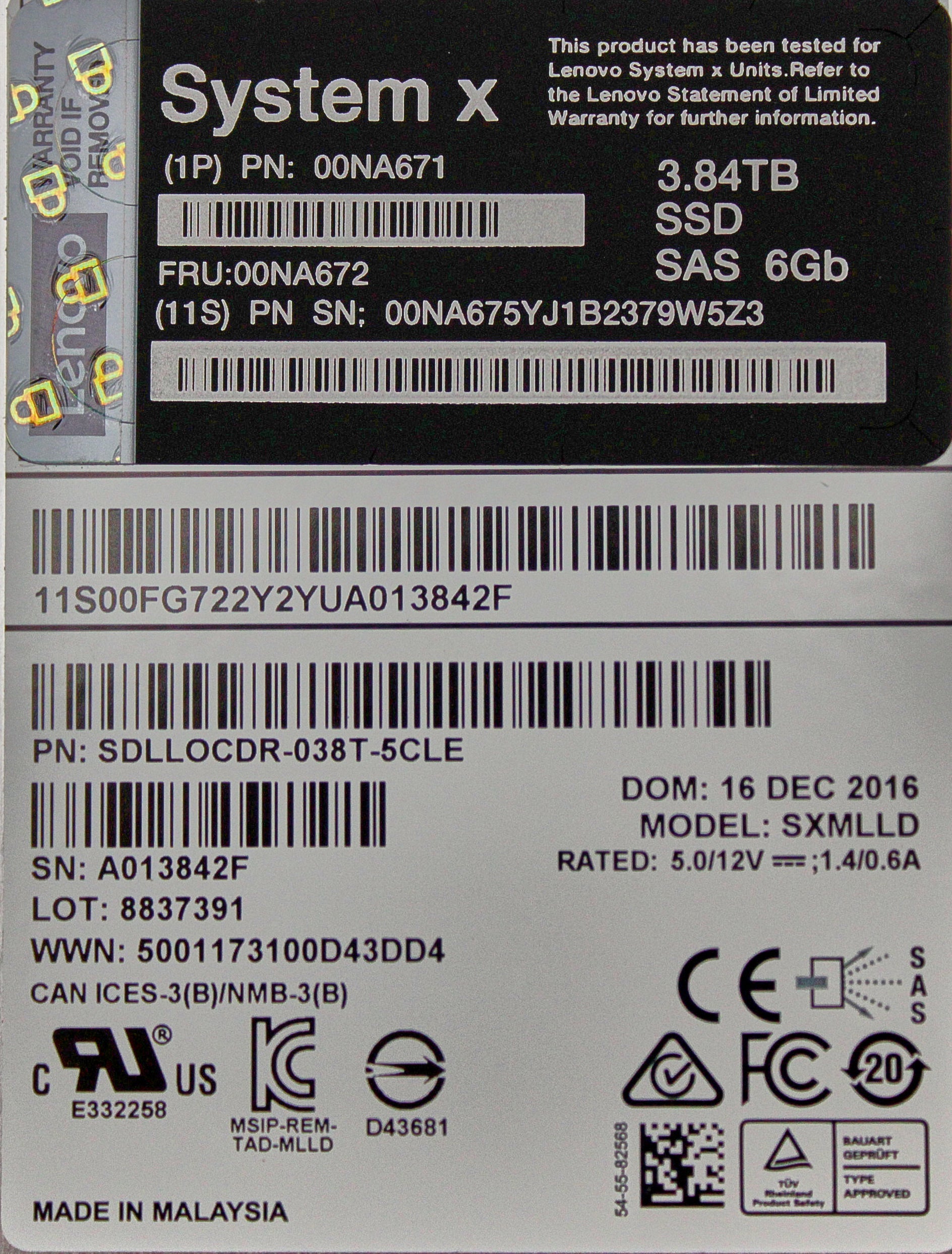 Lenovo 00NA672 LENOVO 2.5" 3.84TB SAS 6GB MLC SSD