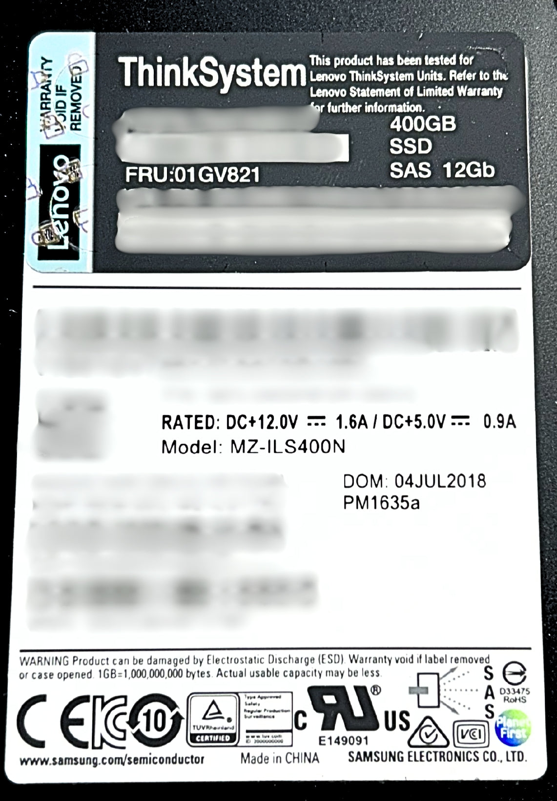 Lenovo 01GV821 ThinkSystem 2.5in PM1635a 400GB Mainstream SAS 12Gb HS