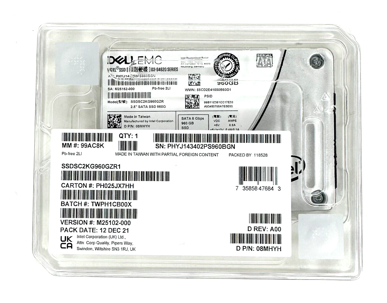 Intel S4620 SSDSC2KG960GZR 08MHYH 960GB SATA 6Gb/s 3D TLC 3DWPD 2.5in Solid State Drive