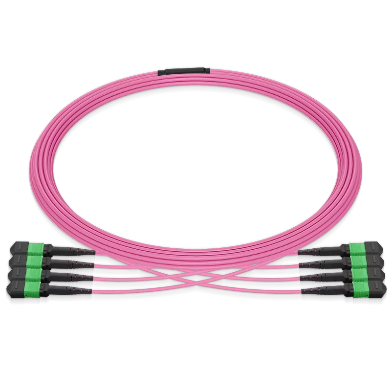 Pre-terminated MPO 4x4 Shuffle Breakout Cable, 32 Fibers, 4 x MPO-8 APC (Female) to 4 x MPO-8 APC (Female), Multimode (OM4), Type 4, LSZH/OFNP, 0.35dB Max, Breakout 80cm, Magenta