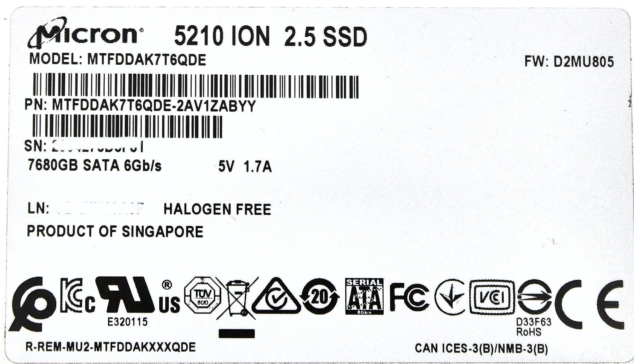 Micron MTFDDAK7T6QDE 7.68TB SSD SATA 2.5 6G RI