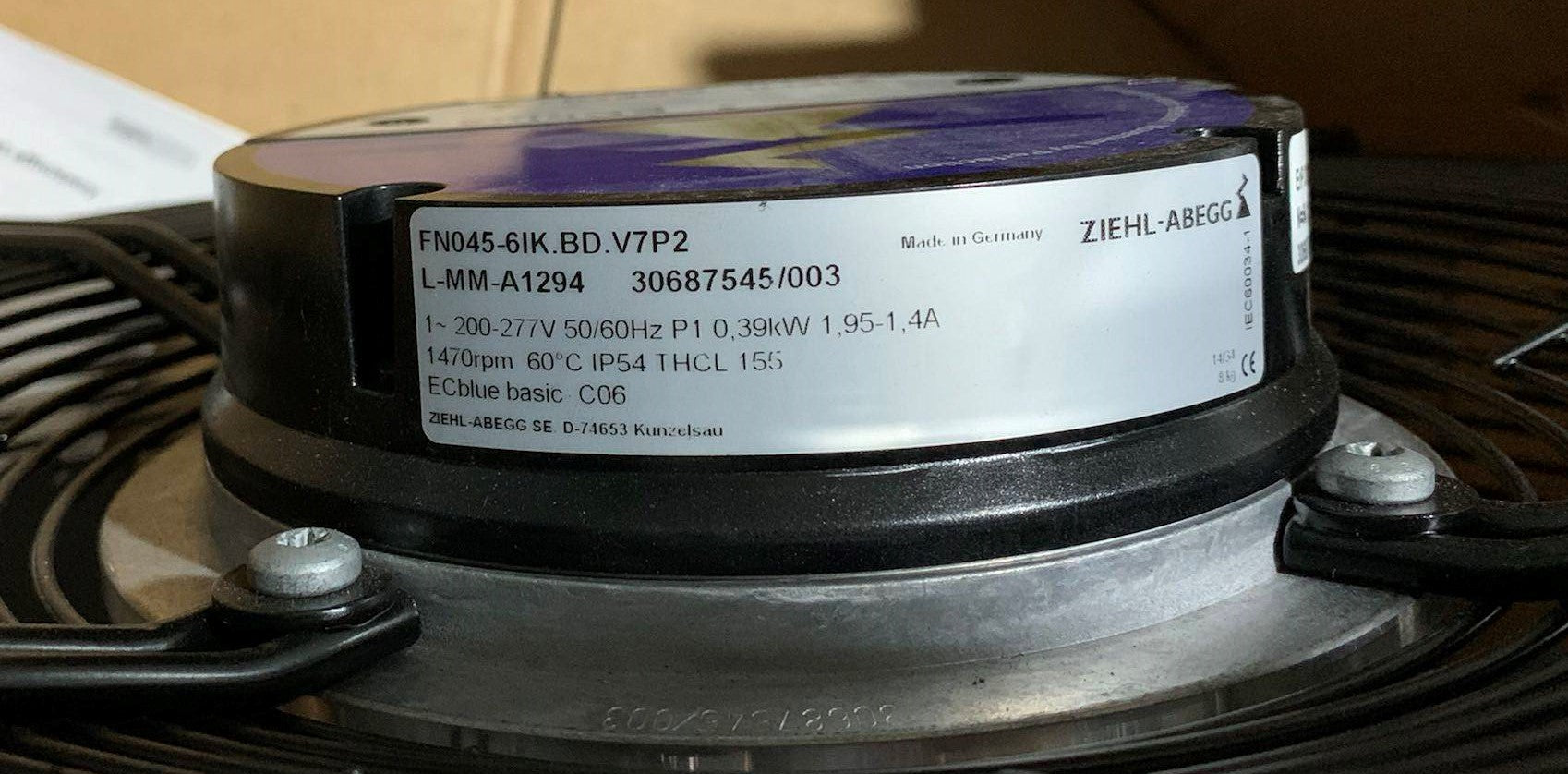 FN045-6lK.BD.V7P2  ZIEHL-ABEGG Axial Fan 200-277V 0.39kW 1.95/1.40A 1470rpm