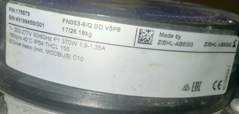 FN063-6IQ.BD.V5P8 ZIEHL-ABEGG Axial Fan 3-400V 0.37kW 1.9/1.35A