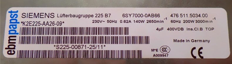 EBMPAPST K2E225-AA26-09 Centrifugal Fan | 140/192W Dual-Power | 230V | Siemens VFD SY7000-0AB66