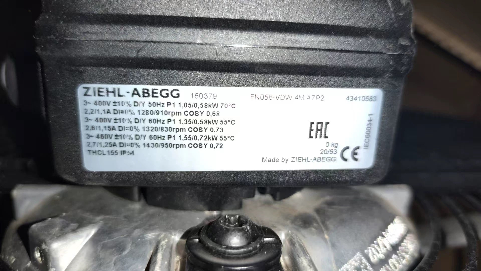 FN056-VDW.4M.A7P2 ZIEHL-ABEGG Axial Fan 3~400-460V 1.55/0.58 kW 2.7/1.1 A