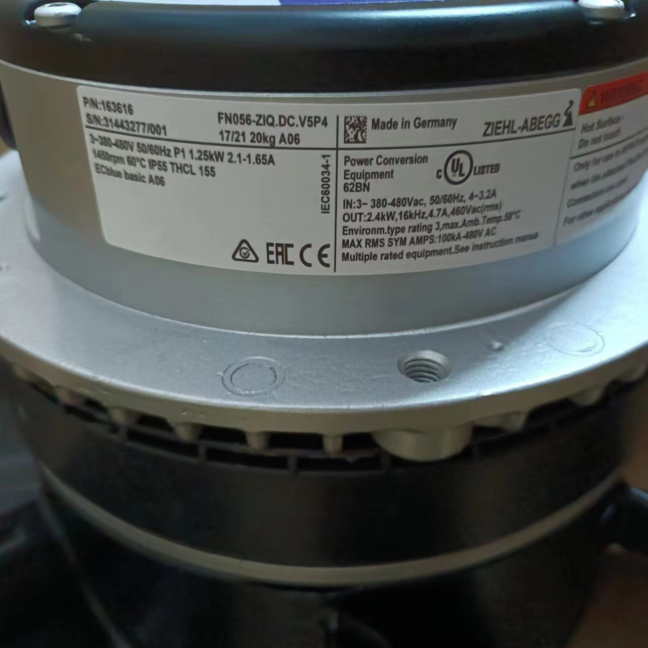 FN056-ZIQ.DC.V5P4 380-480V ZIEHL-ABEGG Axial Fan 3~380/480V 1.25kW 2.1/1.65A 1450rpm