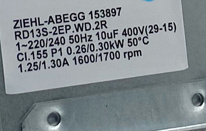 RD13S-2EP.WD.2R Art No: 153897 ZIEHL-ABEGG Centrifugal Fan - 0.26/0.30KW 230V