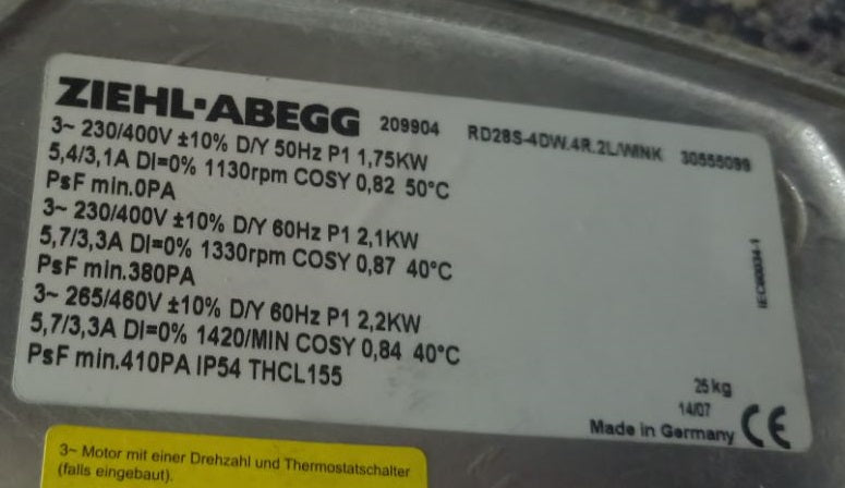 RD28S-4DW.4R.2L ZIEHL-ABEGG Centrifugal Fan 3~400V 1.75kW 3.1A 1130rpm