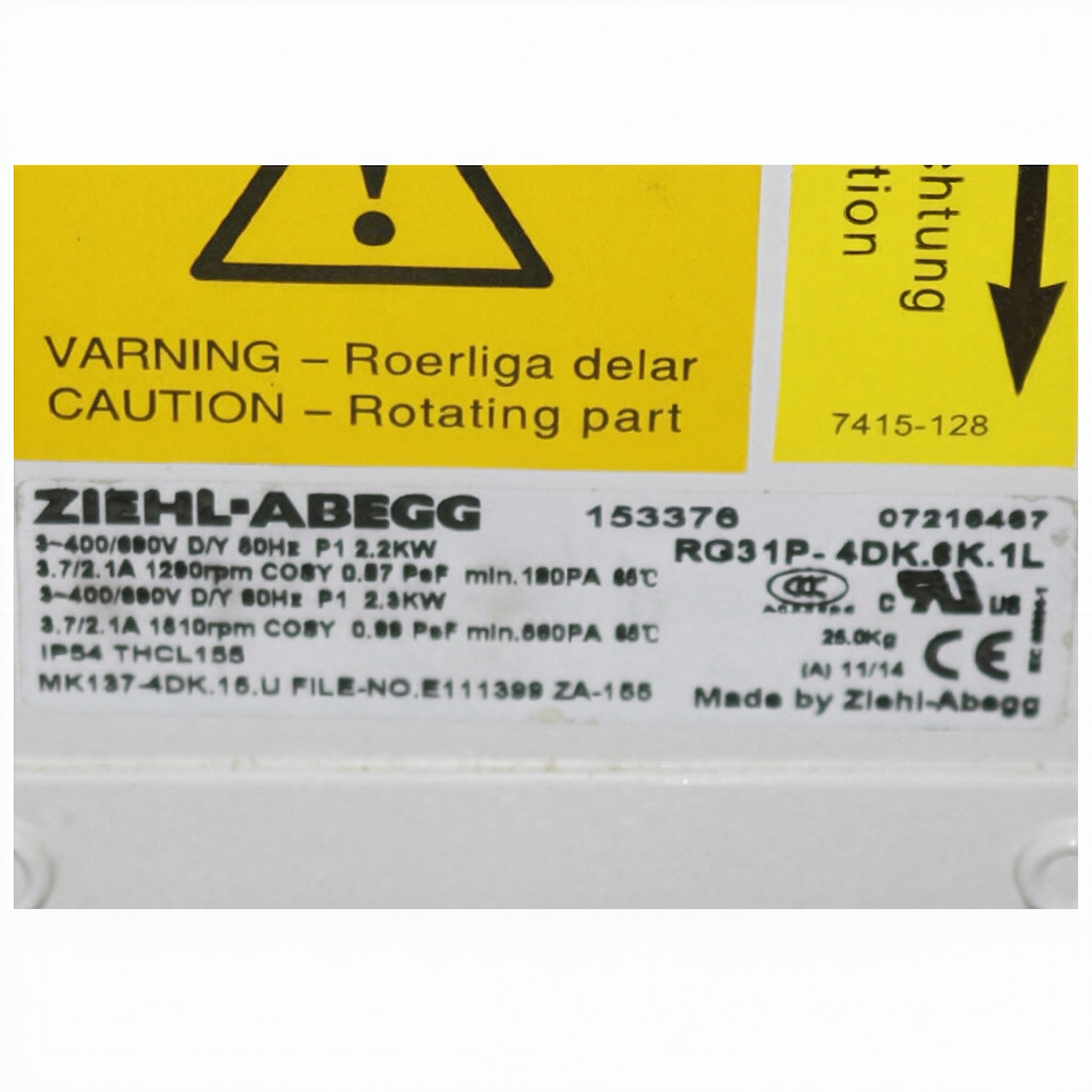 RG31P-4DK.6K.1L ZIEHL-ABEGG centrifugal fan 3~400V 2.2/2.5kW 2.1/3.7A 1290/1510rpm