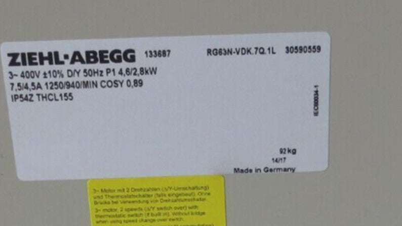 RG63N-VDK.7Q.1L ZIEHL-ABEGG centrifugal fan 400V 4.6/2.8kW 7.5/4.5A 1250/940rpm