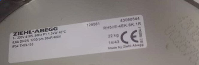 RH50E-4EK.6N.1R ZIEHL-ABEGG centrifugal fan 230V 1.5KW 5.0A 1230rpm