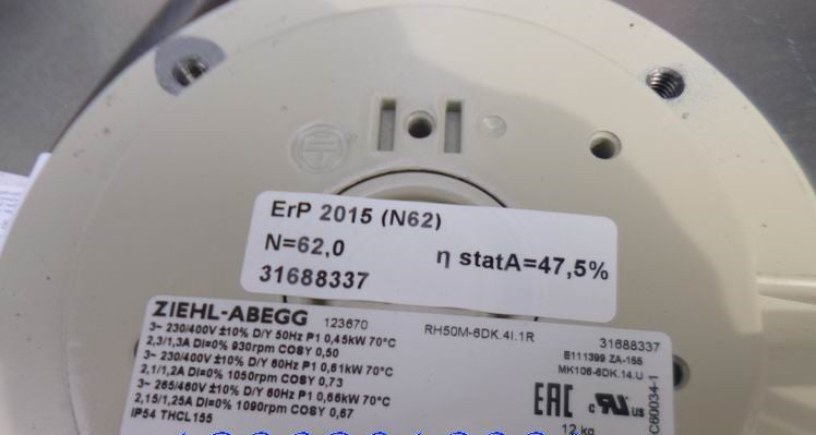 Brand new RH50M-6DK.41.1R ZIEHL-ABEGG centrifugal fan 3-460V 0.68kW 1.25A 1090rpm