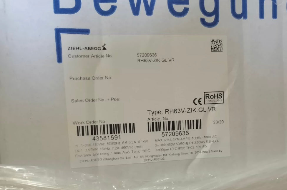 RH63V-ZIK.GL.VR ZIEHL-ABEGG centrifugal fan 380-480V 3.50kW 5.6-4.4A 1300rpm
