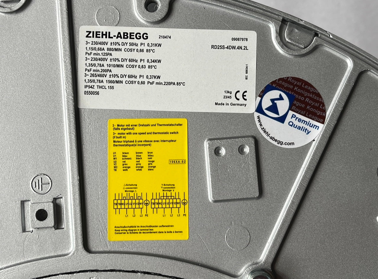 RD25S-4DW.4N.2L ZIEHL-ABEGG Centrifugal Fan 3~230/400V 0.31/0.37kW 0.68/1.35A 880/1560rpm