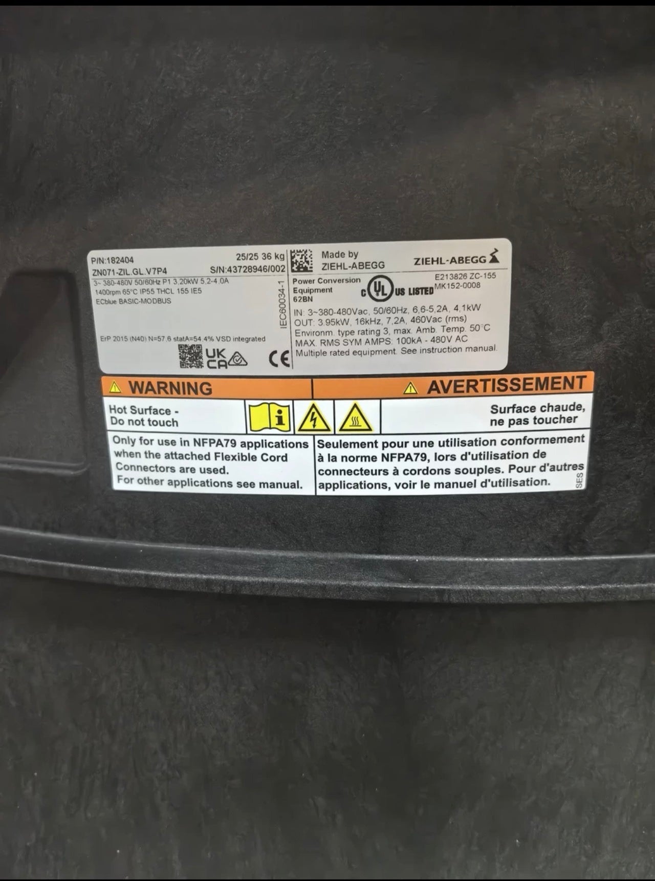 ZN071-ZIL.GL.V7P4 380/480V 4.2kW 6.8A 1530rpm ZIEHL-ABEGG Axial Fan