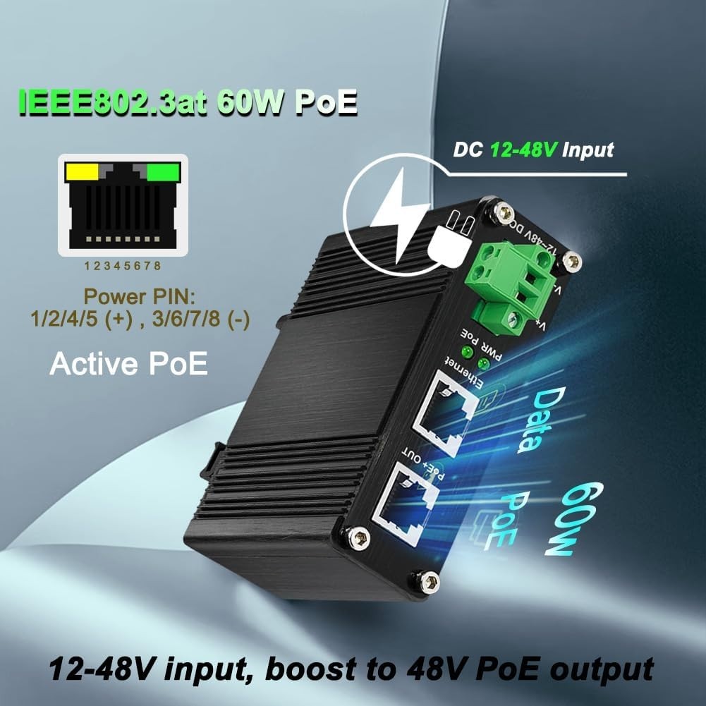 Industrial 60W PoE Injector Gigabit IEEE802.3at 48V DC 12-48V DIN Rail Mount|297615711629