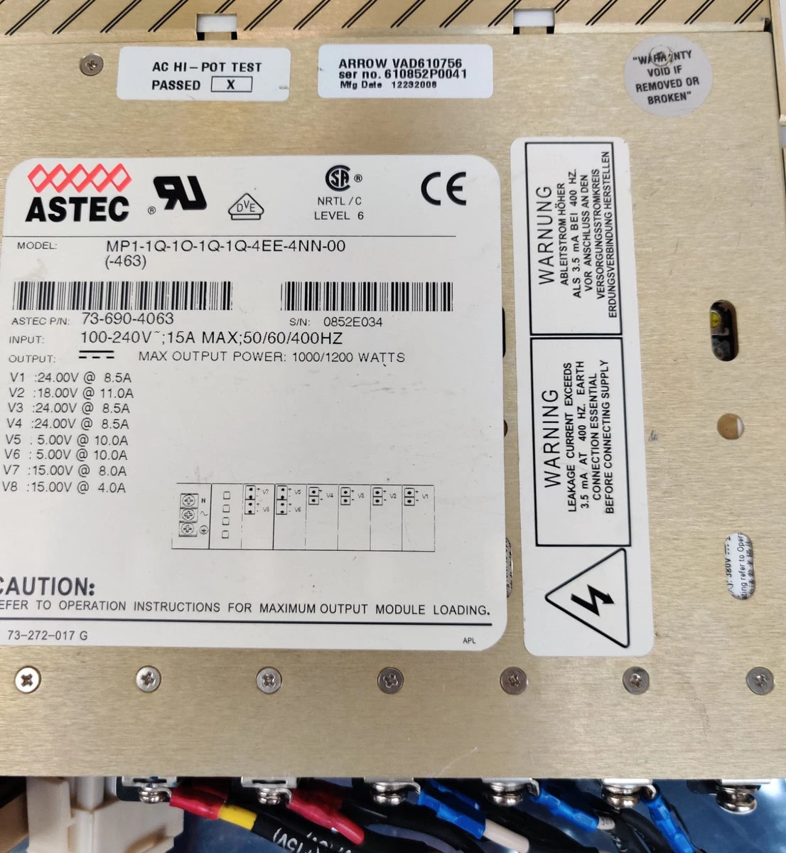 Astec MVP MP1 Power Supply 1000-1200W, 24V 18V 15V 5V 100/240V In Up to 400Hz|136684533636