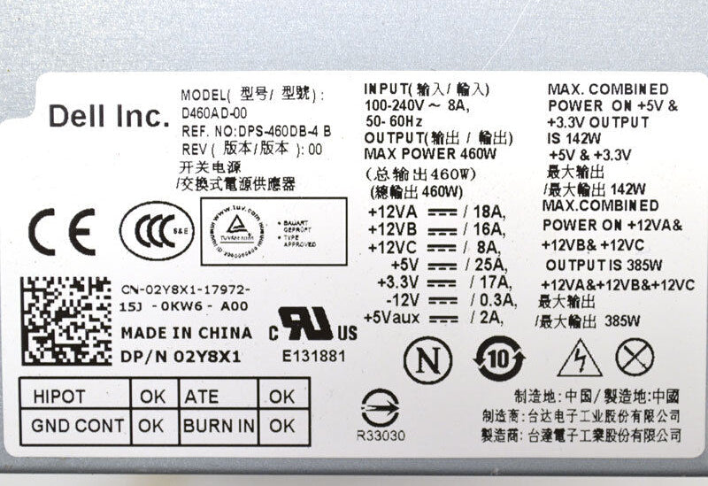 Genuine Power Supply For Dell XPS 7100 8300 460W D460AD-00 2Y8X1|282396510249