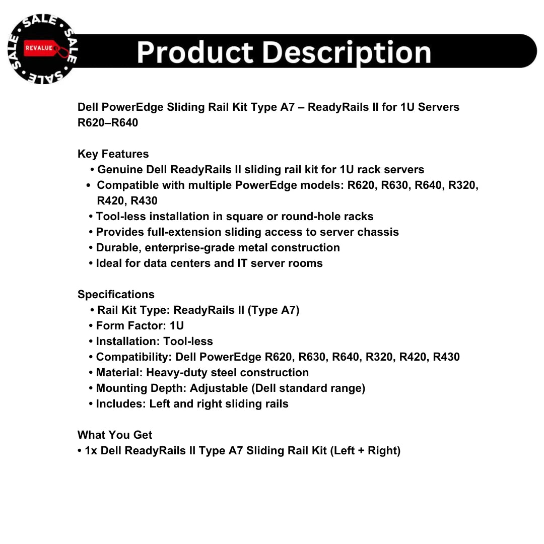 Dell PowerEdge Sliding Rail Kit Type A7 – ReadyRails II for 1U Servers R620–R640|336199095140