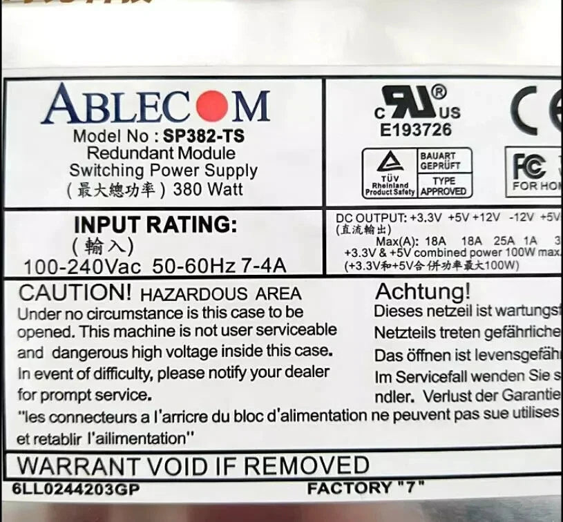 1pc NEW SUPERMICRO SP382-TS 380W Power Supply By DHL or FedEX