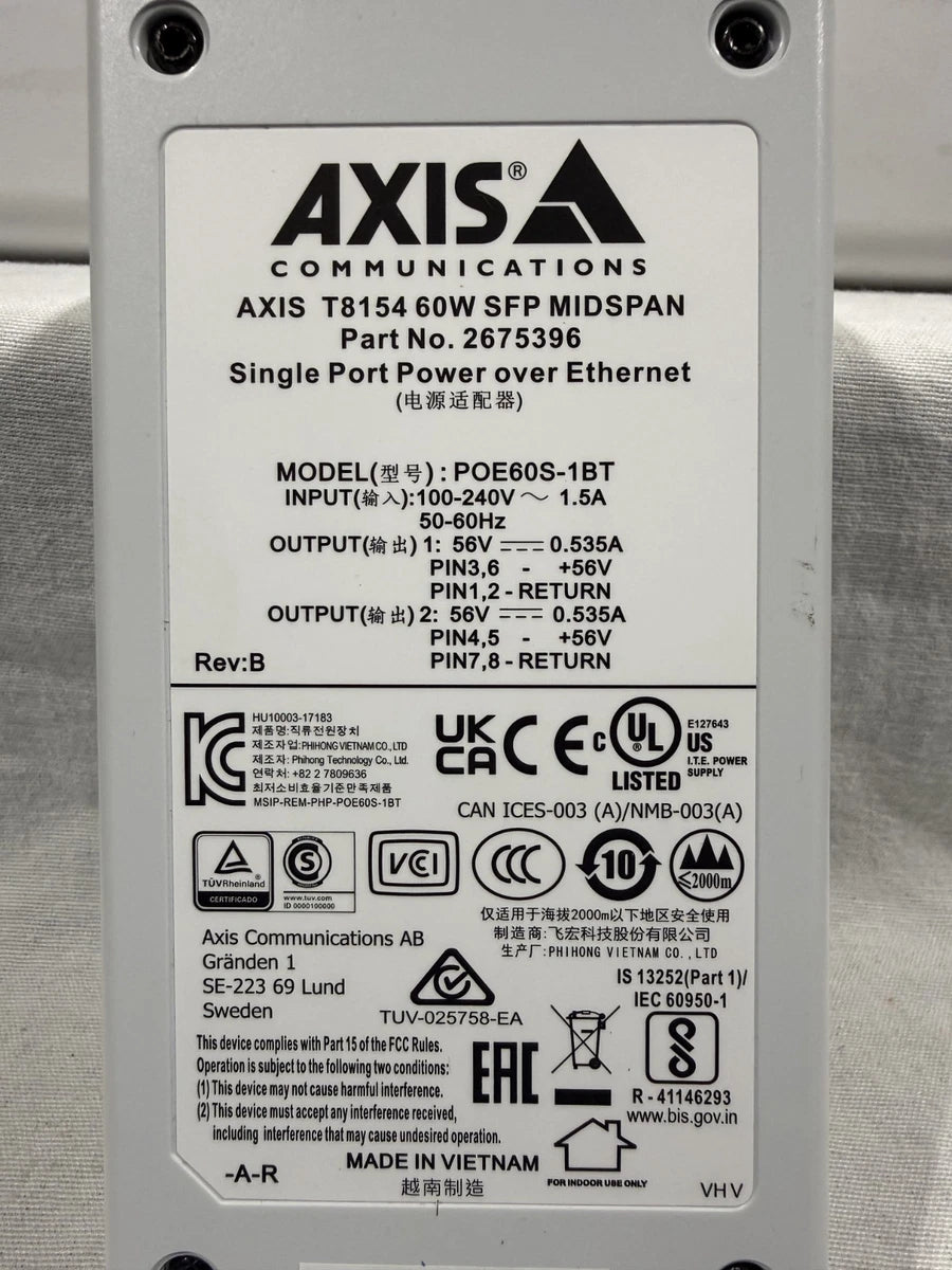 AXIS COMMUNICATION, T8154 60W SFP MIDSPAN, POE60S-1BT, 2675396,  56V|167974765408