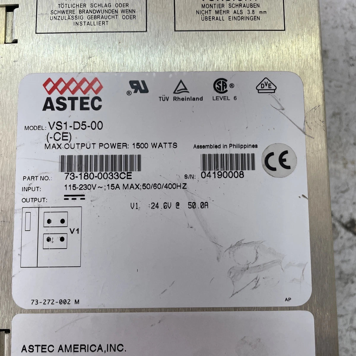 Astec VS1-D5-00 CE  1500W  Power Supply. P/N 73-180-0033CE|226739670673