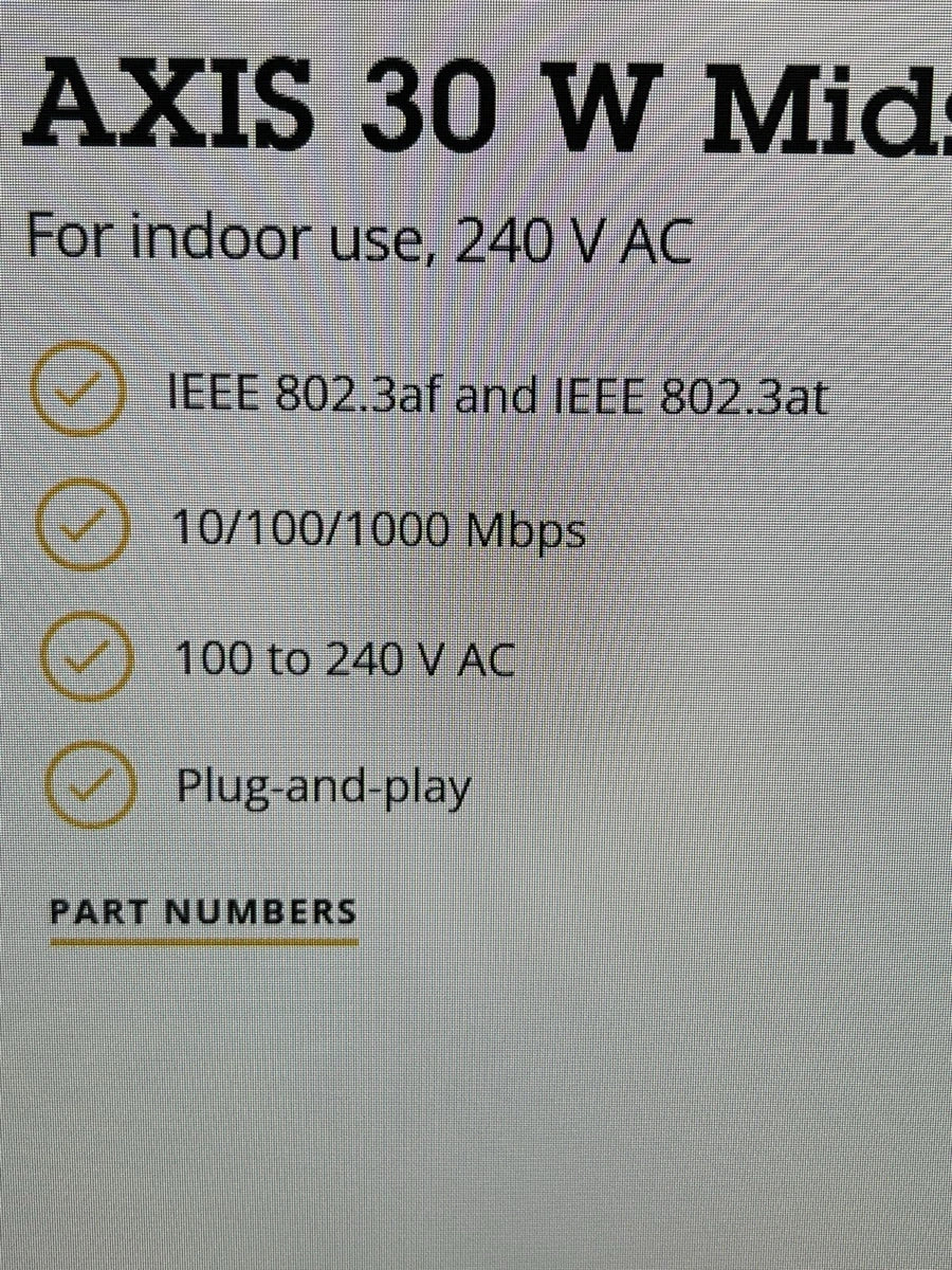 AXIS 30 W Midspan P/N: 02172-004 POE INJECTOR PLUG and PLAY 10/100/1000 Mbps|336322747650