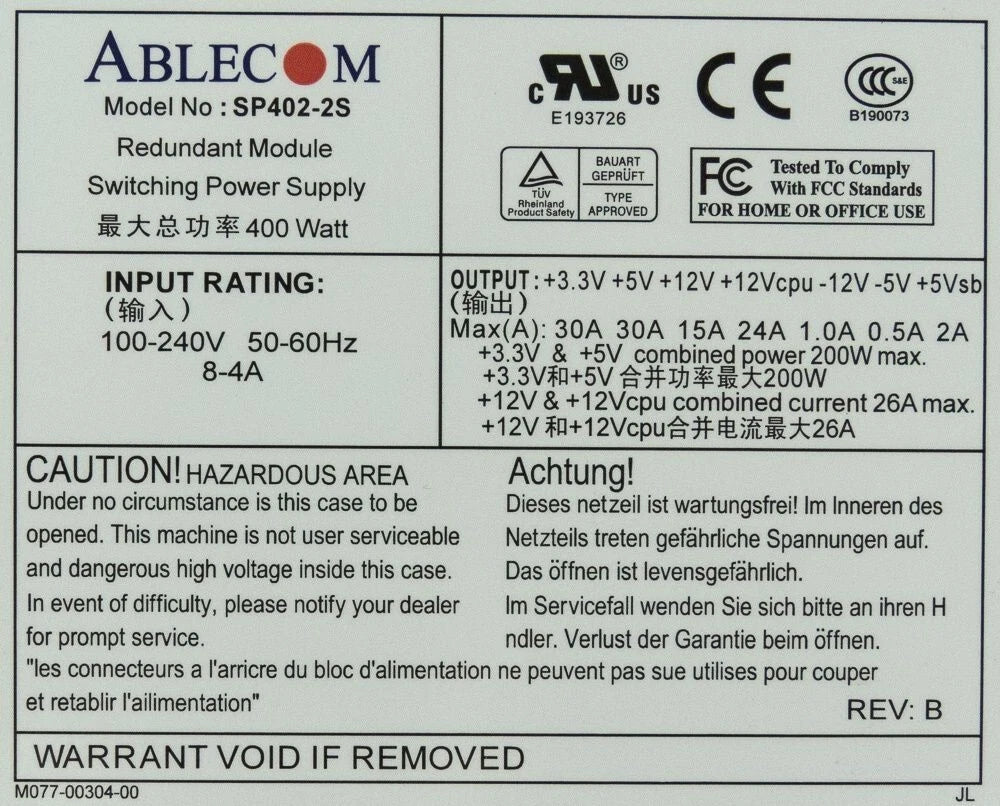 Server Power Supplies Ablecom SP402-2S 400W PWS-0037 Hot-Swap 2x Fans
