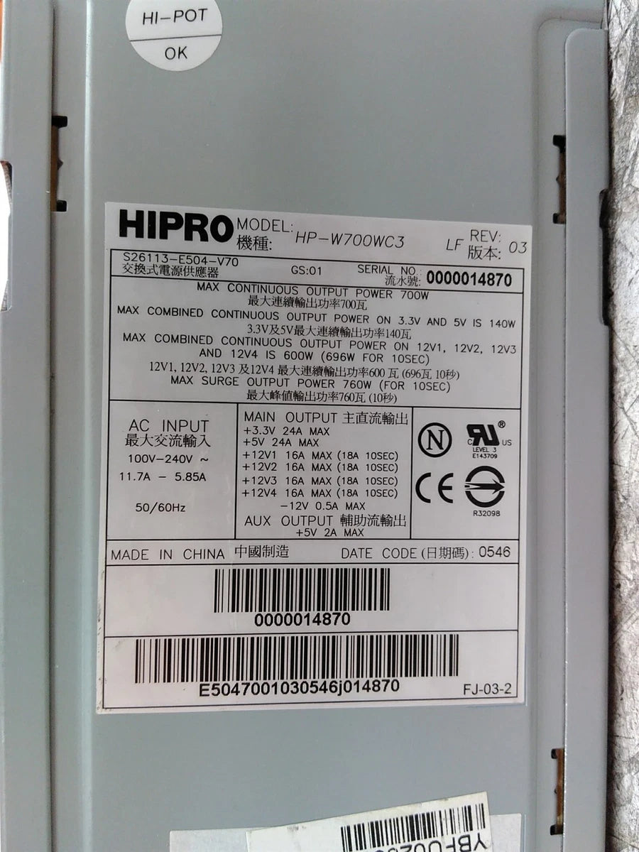 HIPro HP-W700WC3 S26113-E504-V70 700W Power Supply From Fujitsu Celsius R630 |267444200364