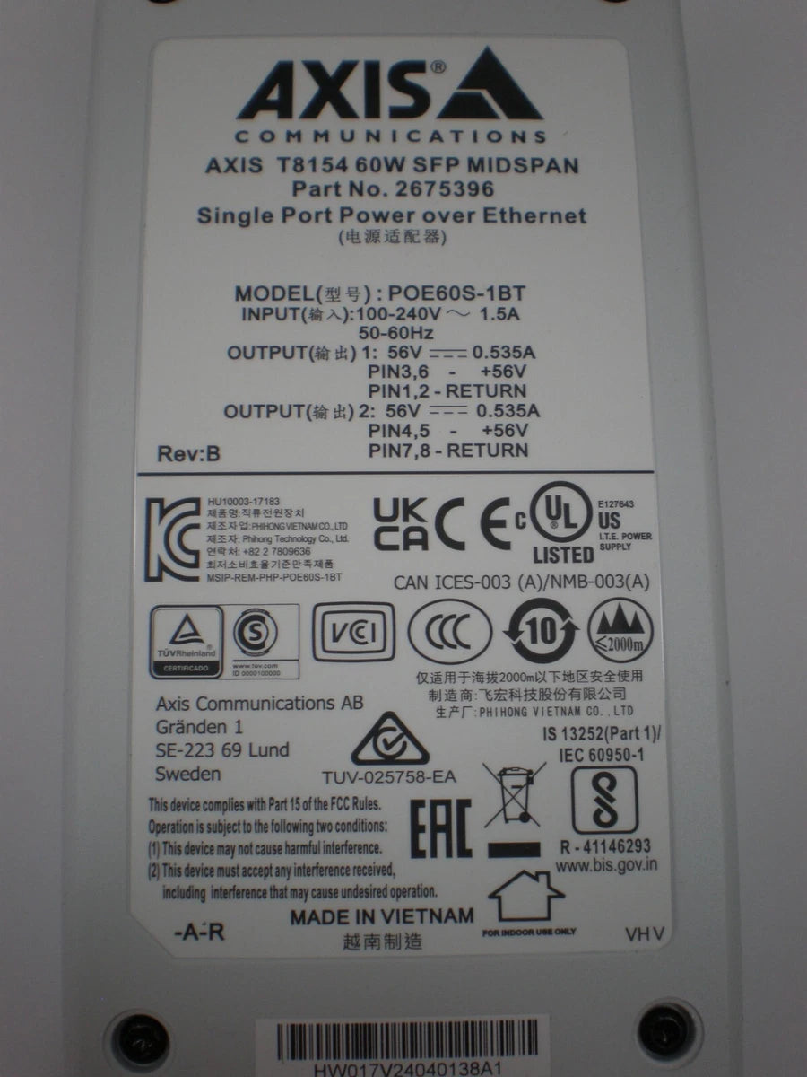 AXIS COMMUNICATION, T8154 60W SFP MIDSPAN, POE60S-1BT, 2675396,  56V|186668775291