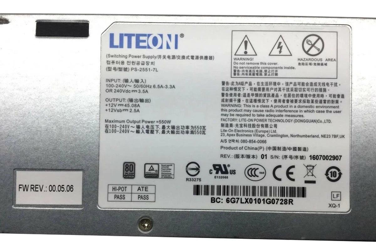 Lite-On 550W PSU 80 Plus Platinum Hot-Swap Power Supply ThinkServer RD350 RD450