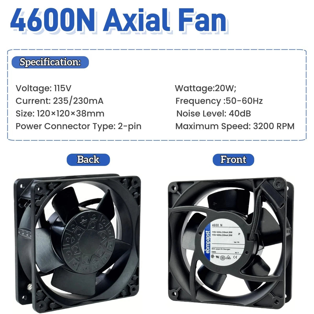 for ebmpapst 4600N Axial Fan，115V 12038 Industrial Cooling Fan All-Metal Heat...|389366100474