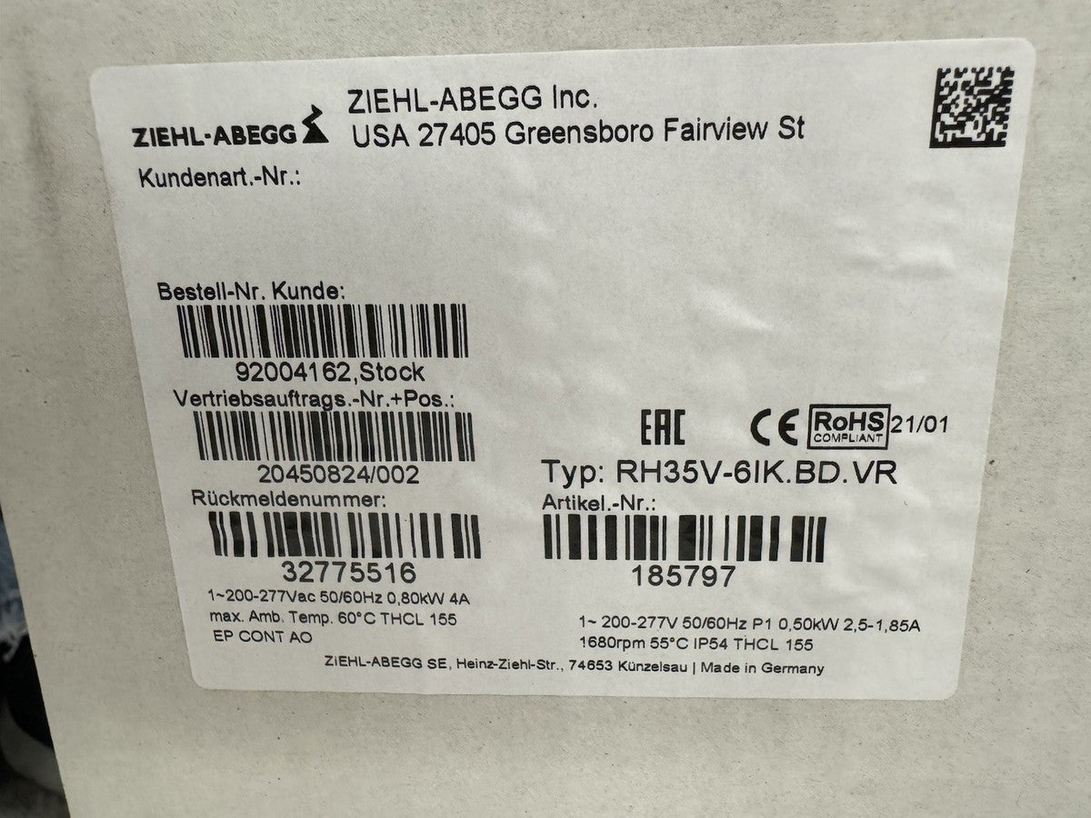 Ziehl-Abegg RH35V-6IK.BD.VR 200-277VAC 1680RPM Centrifugal Fan 2500 CFM|236076564960
