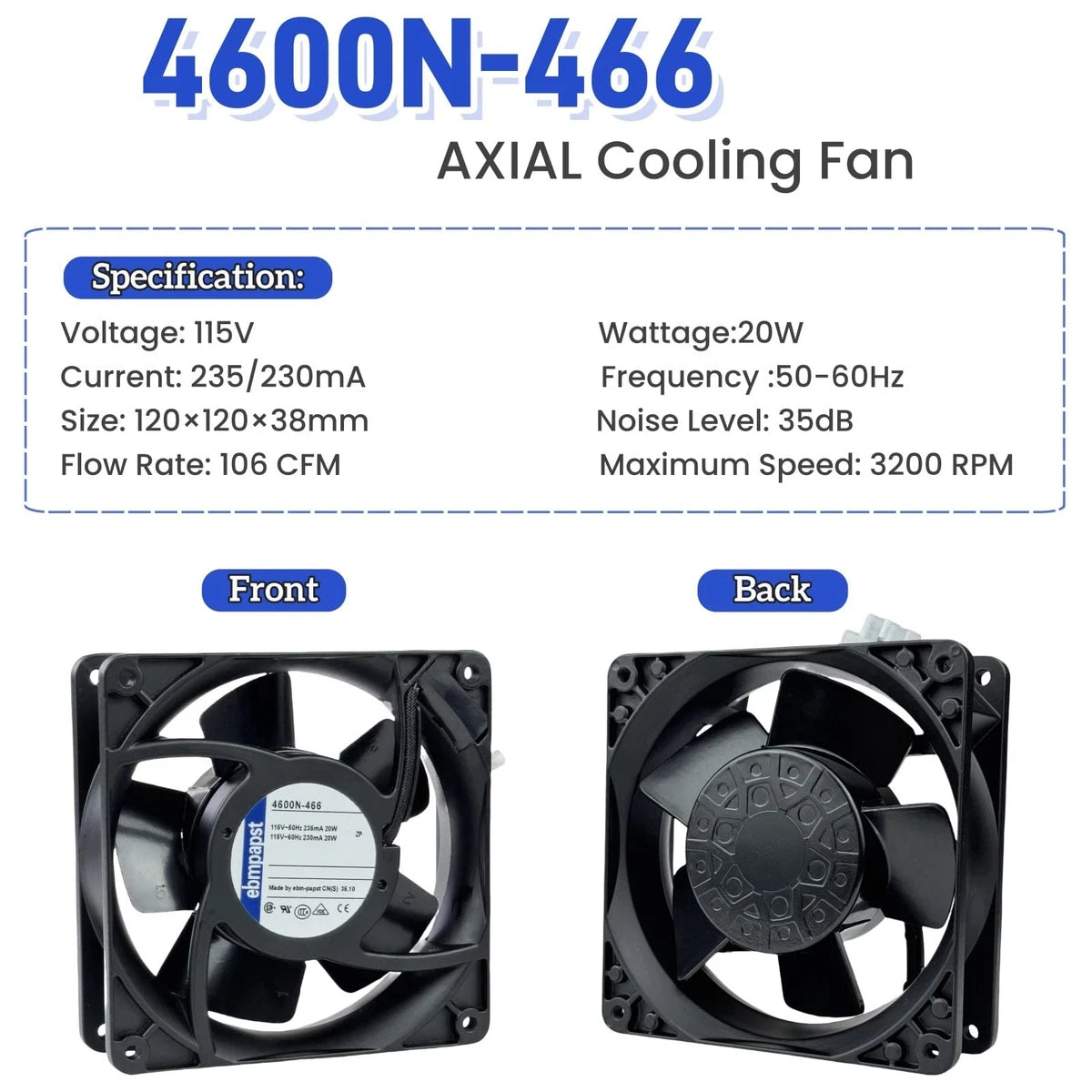for ebmpapst 4600N-466 Axial Fan,115V 20W 106CFM Industrial Cooling Fan All-M...|389366100505