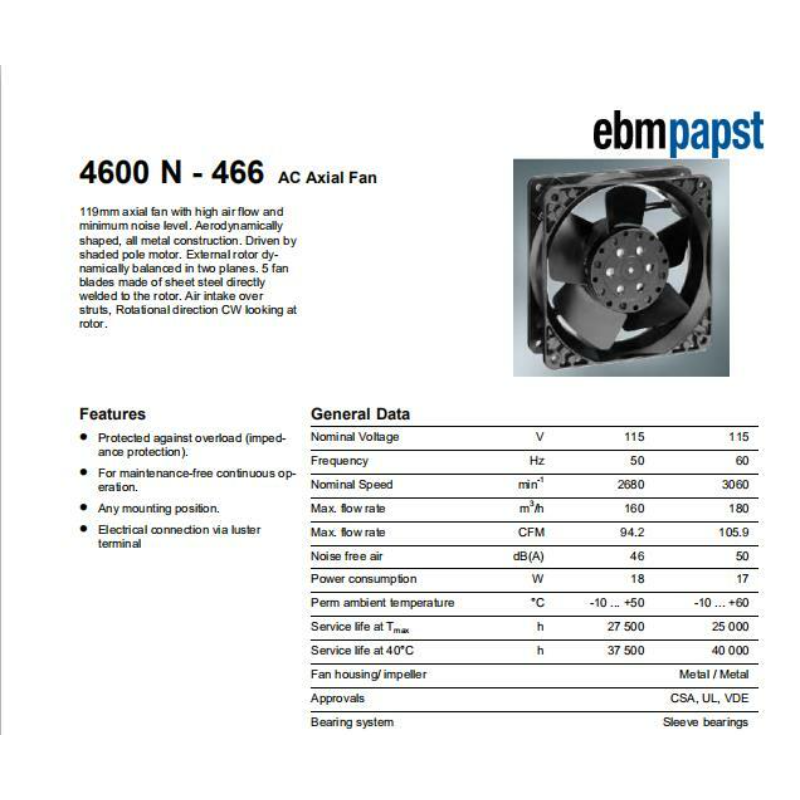 4600N-466 Ebmpapst 115VAC Axial Fan 20W 230mA 120*120*38mm High temperature Fan