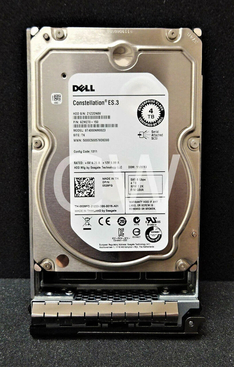 0529FG 529FG Dell 4TB 7.2K 6Gbps 128MB 3.5" SAS SERVER HDD Hard Drive W/Caddy