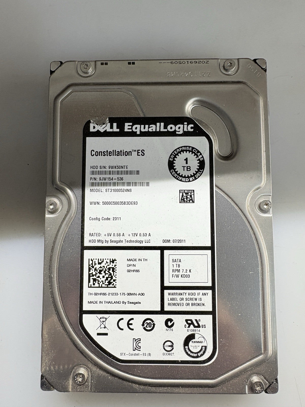 DELL   ST31000524NS 9JW154-036   ES 1TB 7.2K SATA HDD|236423110123