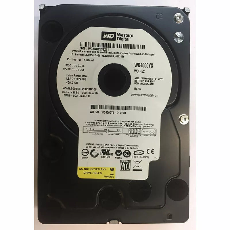 Western Digital 400GB WD4000YS-01MPB1 RE2 (DCM: HCHCAJAAB) 7200 RPM 16MB Cache SATA 3.0Gb/s 3.5" Hard Drive - &nbsp;WD4000YS