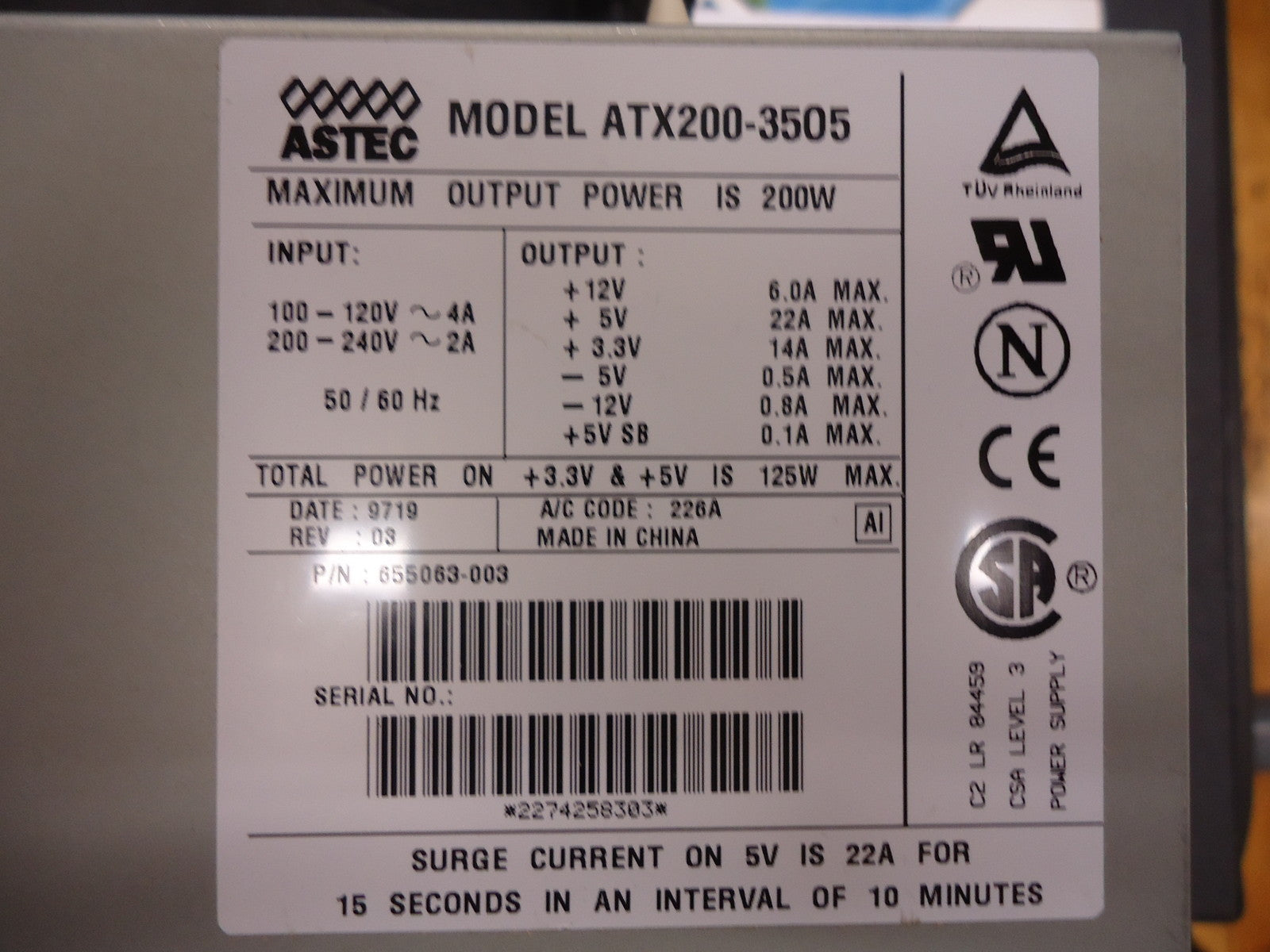 ATX200-3505 ASTEC POWER SUPPLY BRAND NEW!|192161509210