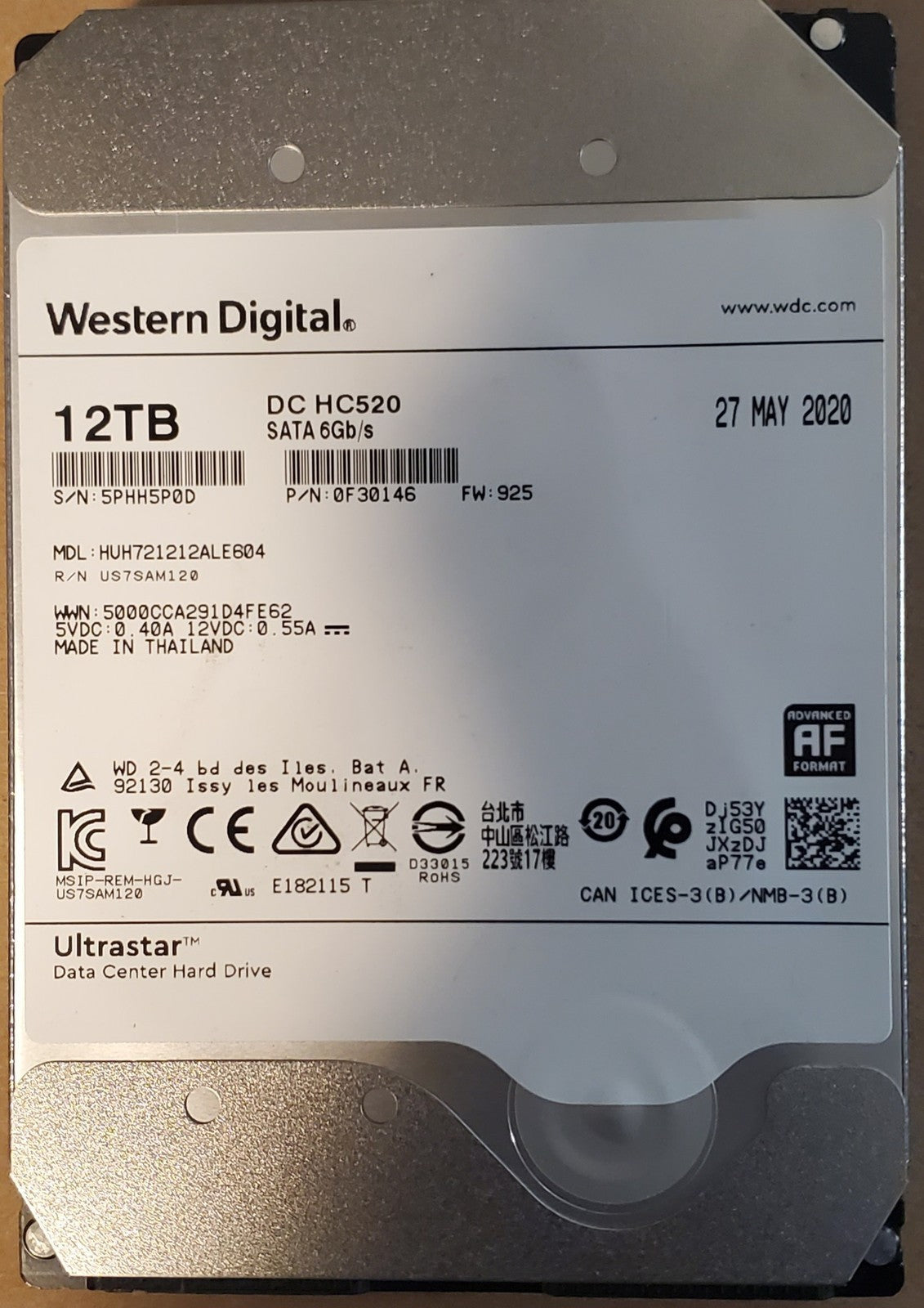 WD Ultrastar DC HC520 12TB 7.2K RPM SATA 6Gb/s 3.5"HDD HUH721212ALE604|317528115555
