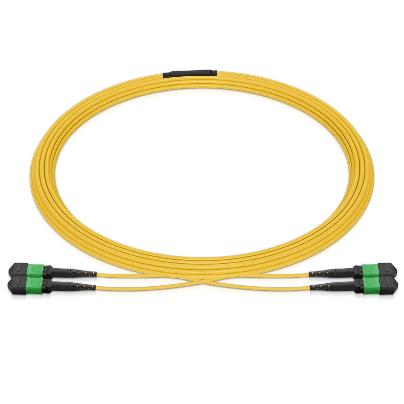 Pre-terminated MPO 2x2 Shuffle Breakout Cable, 16 Fibers, 2 x MPO-8 APC (Female) to 2 x MPO-8 APC (Female), Single Mode (OS2), Type 2, LSZH/OFNP, 0.35dB Max, Breakout 80cm, Yellow