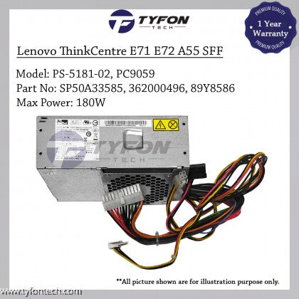 Lenovo ThinkCentre A70 E71 E72 E73 M60E M70E M75E M71 M72E M73 SFF Power Supply PSU 180W SP50A33585 362000496 54Y8888 PC9059 (Refurbished)