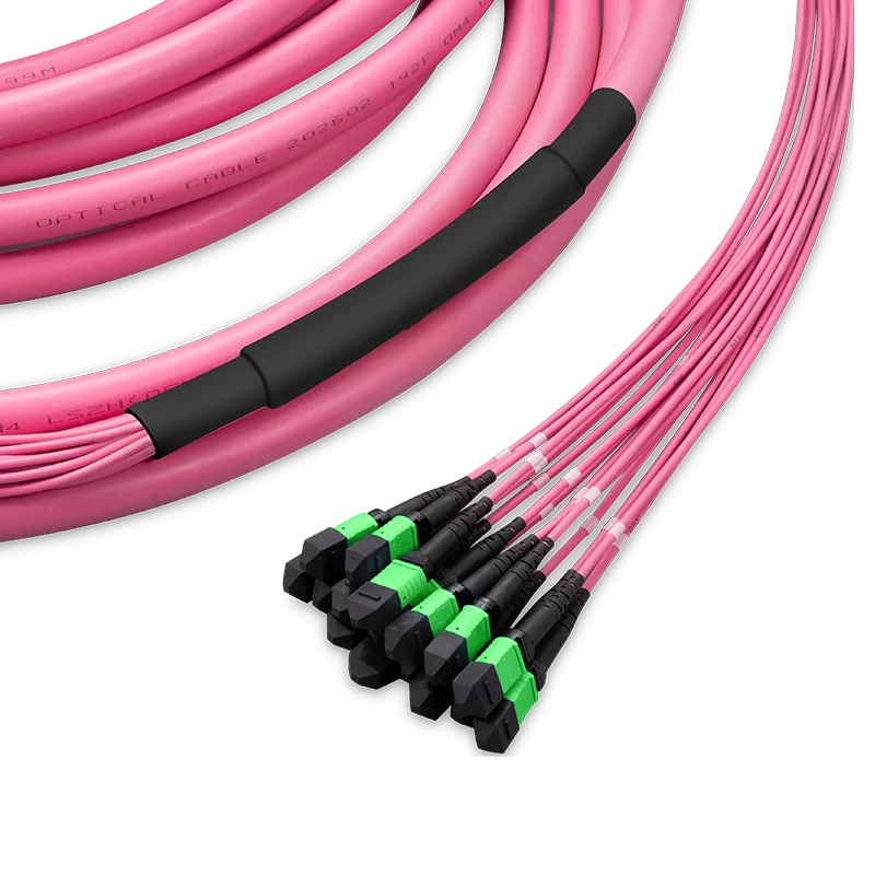 Pre-terminated MPO 2x2 Shuffle Trunk Cable, 128 Fibers, 16xMPO-8 APC (Male) to 16xMPO-8 APC (Male), Multimode (OM4), Type 2, LSZH, 0.35dB Max, Breakout 80cm, Magenta