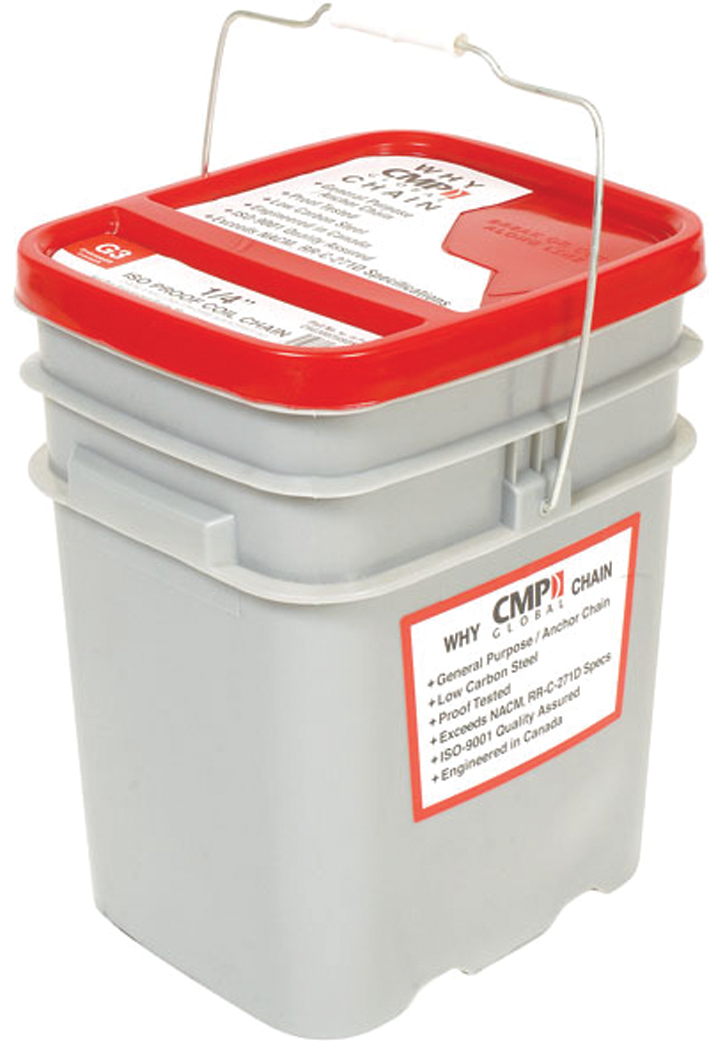 Grade 30 Proof Coil Hot Dip Galvanized Chain, 3/8" x 63' Pail